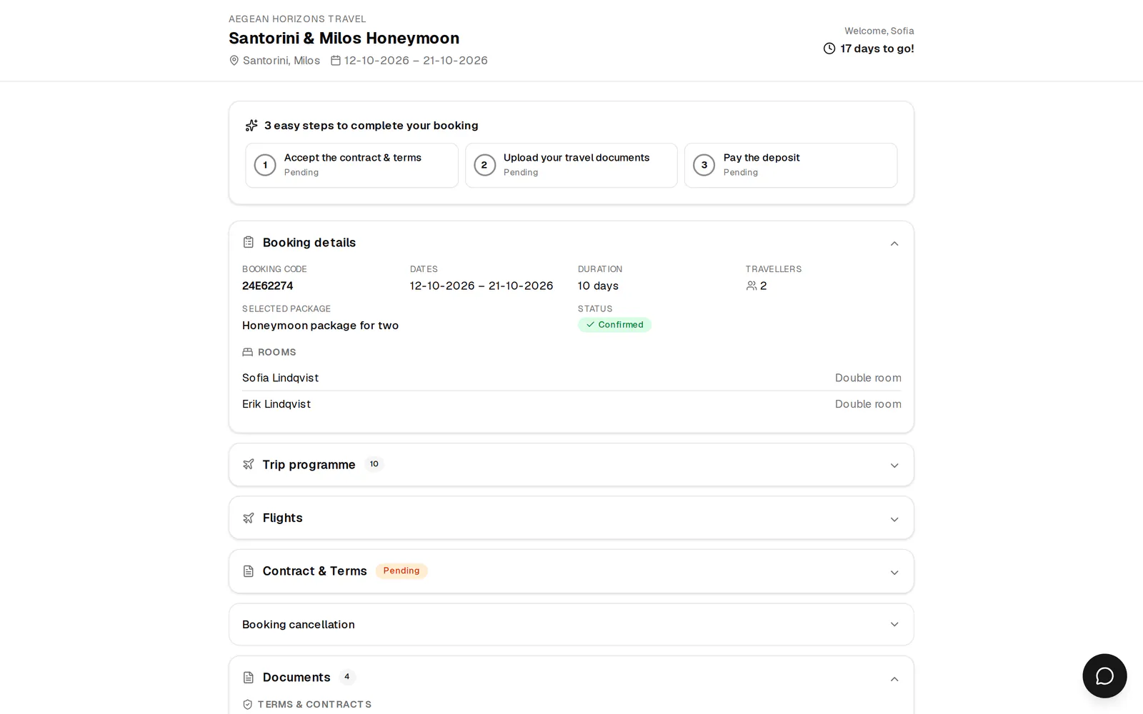 Client portal of one trip: the steps left to complete the booking, the booking details and sections for the programme, flights, contract and documents