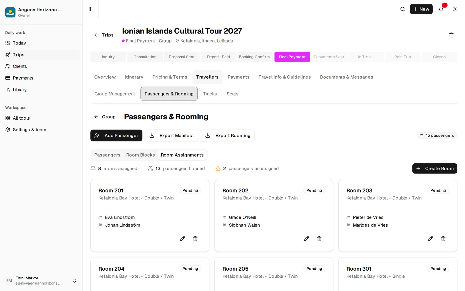 Room assignments for a group: each room with its hotel, room type and passengers