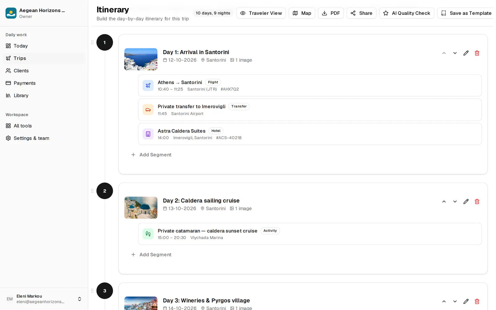 Itinerary builder with day cards; day 1 holds a flight, a private transfer and a hotel