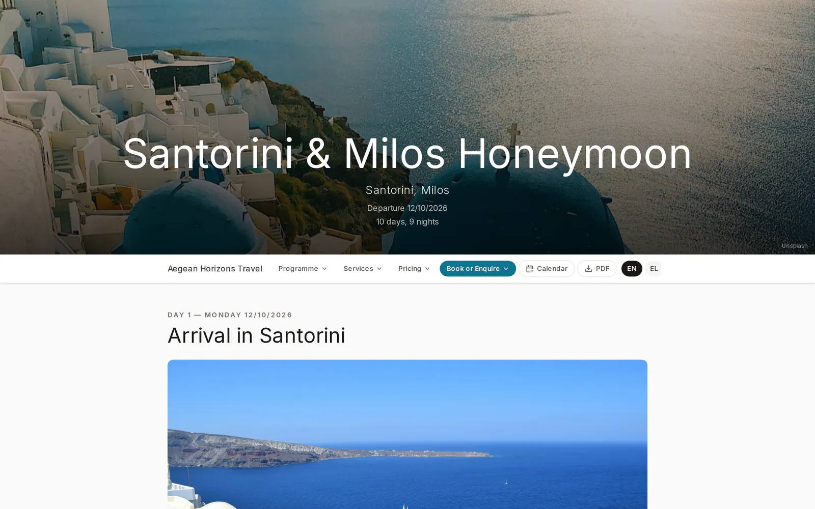 Shared itinerary opened without a login: cover photo, trip title, dates and the first day of the programme