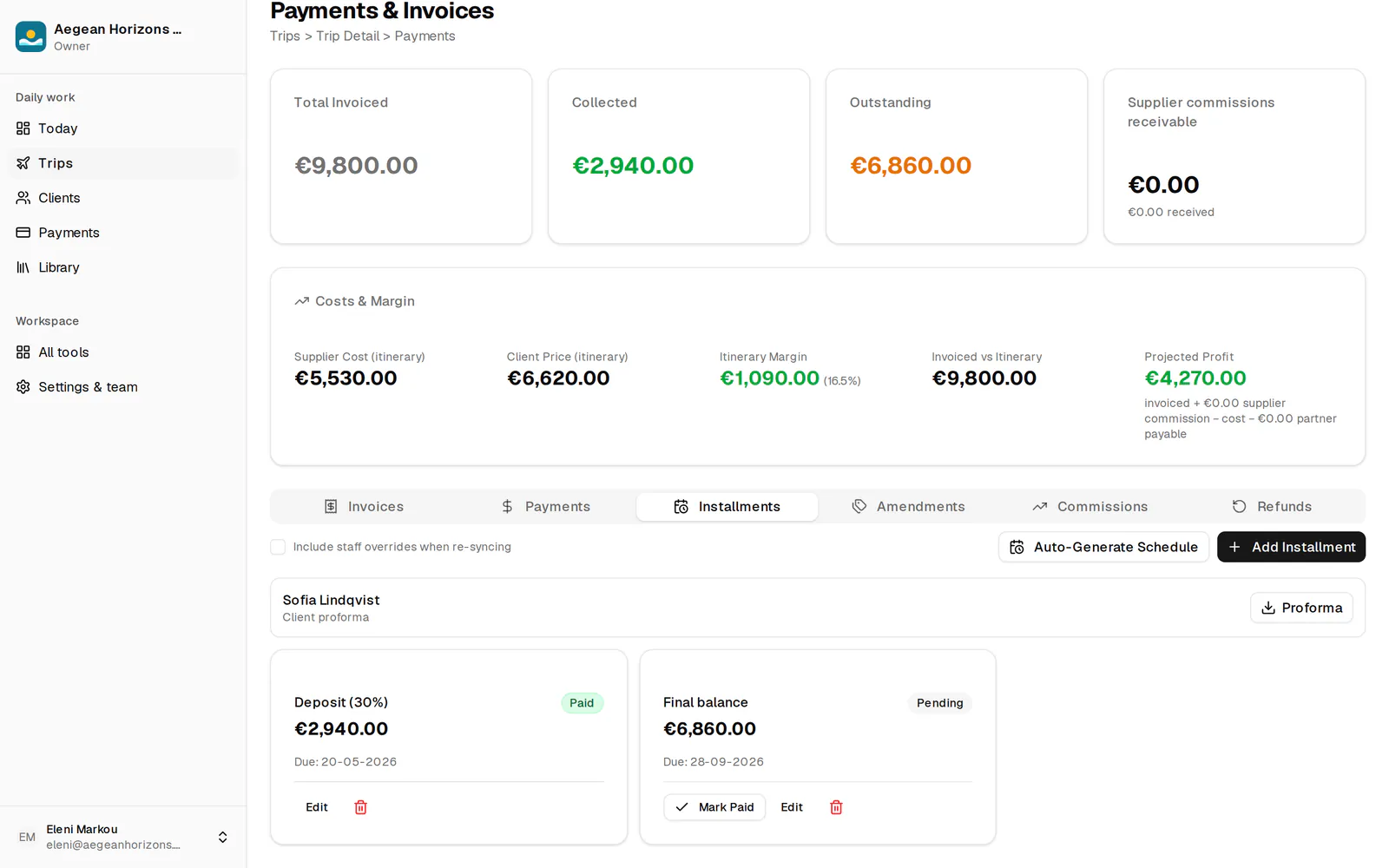 Trip payments: invoiced, collected and outstanding totals, costs and margin, and an instalment schedule with a paid deposit and a pending balance